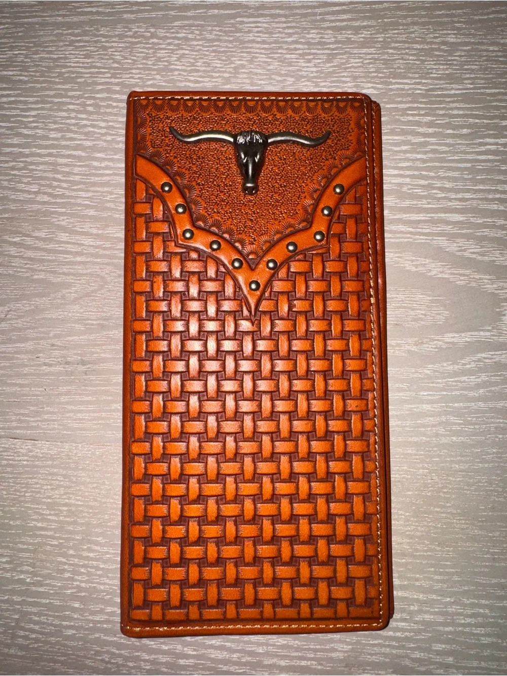 Urbalabs Mens Long Wallet Basketweave Tooled Leather Longhorn Concho Studded